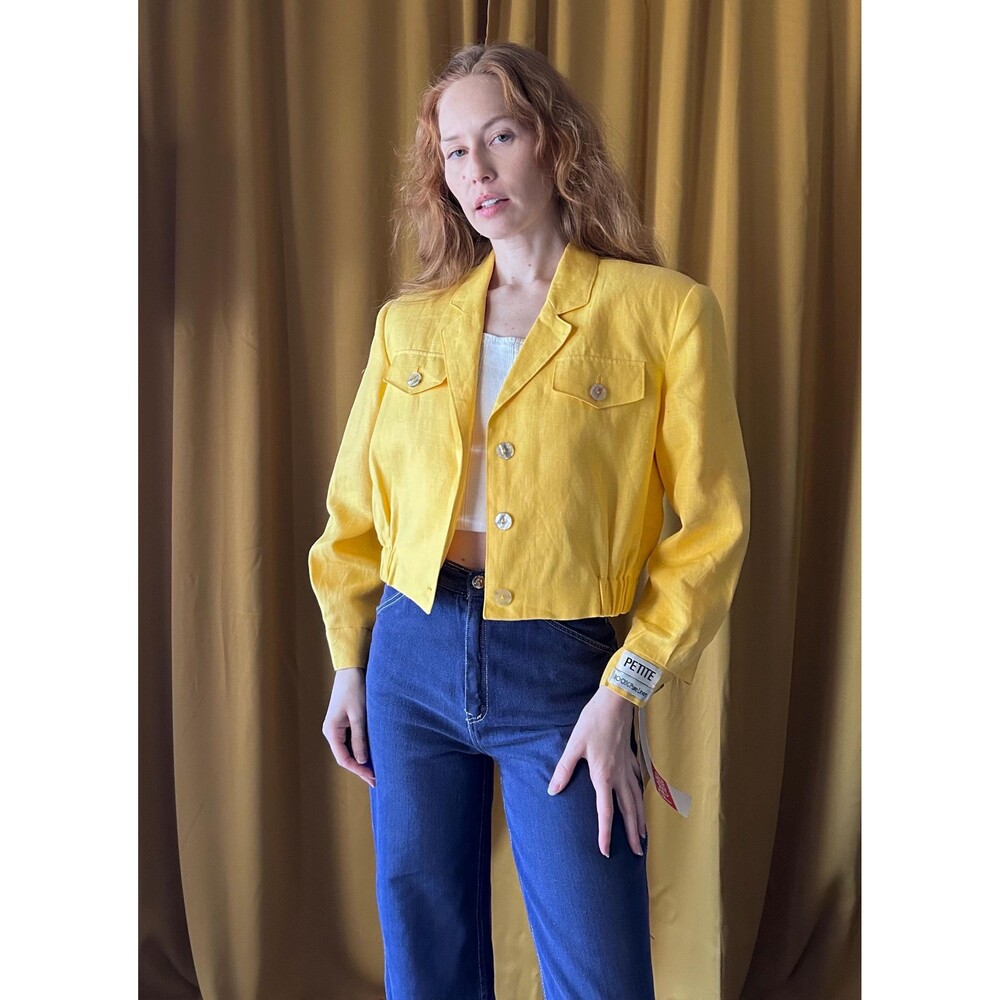 Vintage 80s Yellow Linen Bomber Jacket, Cropped Boxy Blazer, Size Medium
